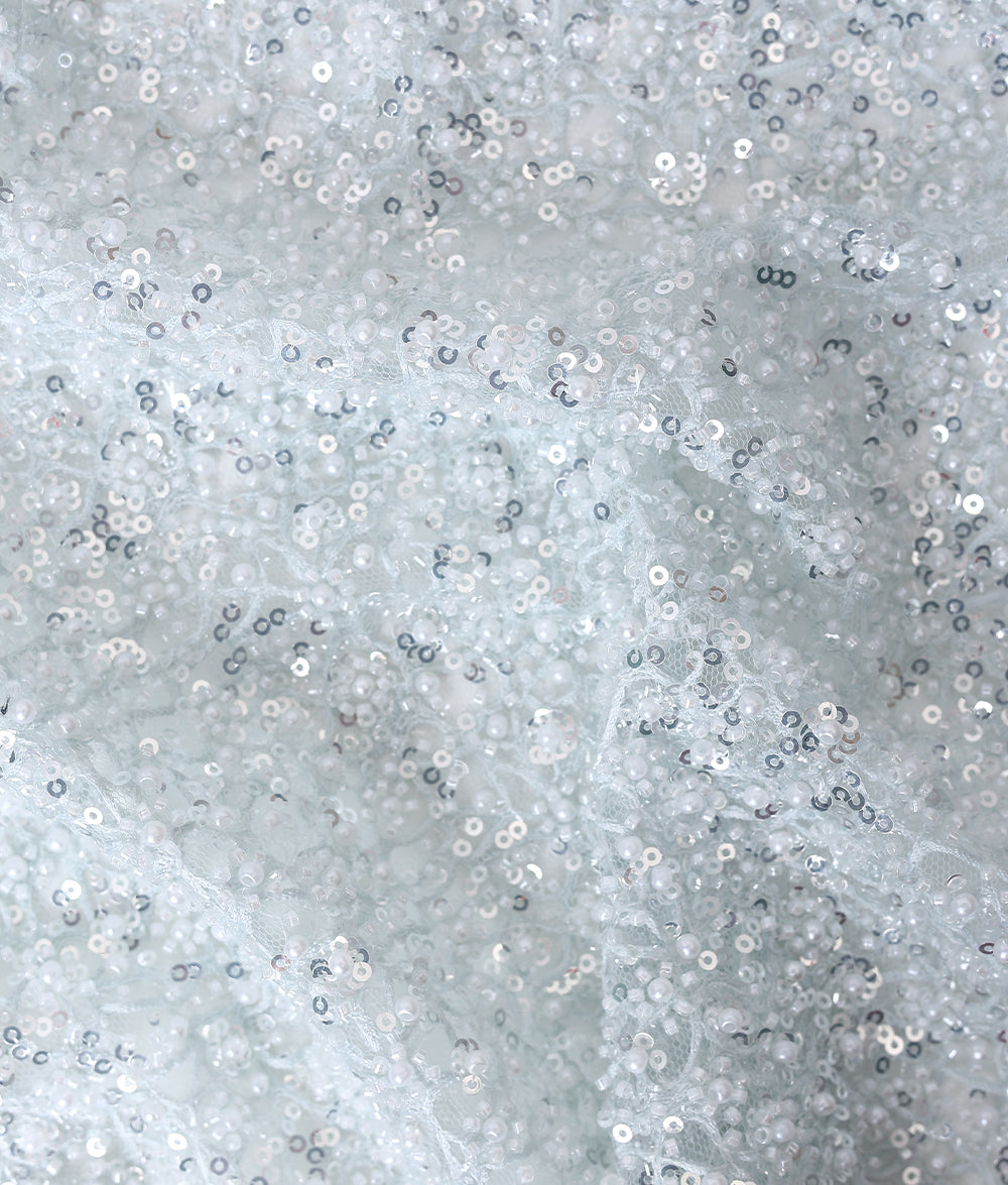 Net Thread-Web Interlinked Pearl Bead and Sequin Embroidery Fabric
