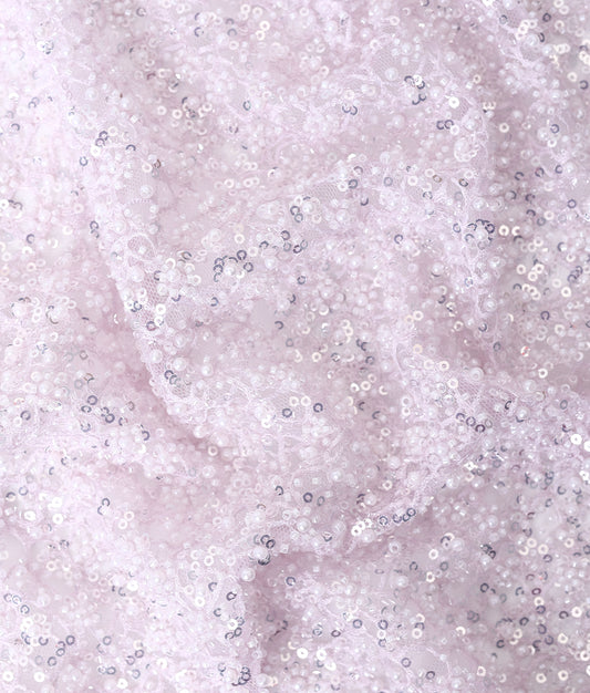 Net Thread-Web Interlinked Pearl Bead and Sequin Embroidery Fabric